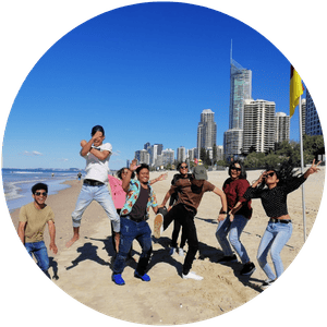 Adult English class enjoying Surfers Paradise beach